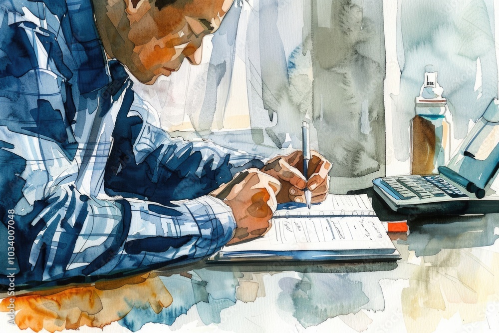 Poster a person sitting at a table writing on a piece of paper, possibly working or taking notes