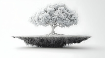 3D Levitating White Tree Concept - Medium Shot of Floating Tree with Exposed Roots, Camera Rotating Emphasizing Growth and Strong Foundations, Isolated on White Background