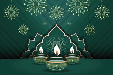 Vibrant Green Diwali Illustration Decorative Oil Lamps Festive Marketing Materials Event Decorations