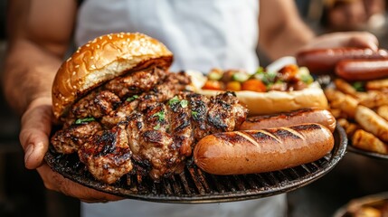 A mouthwatering platter showcases a variety of grilled meats, including burgers and sausages, alongside freshly baked buns, perfect for a hearty barbecue meal.