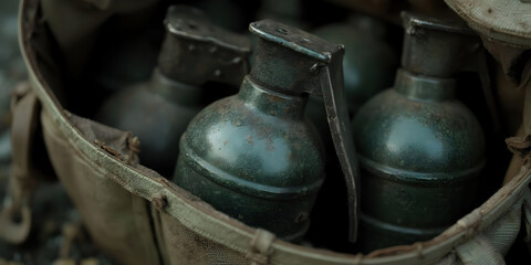 Close-up of hand grenades, showcasing detailed craftsmanship and textures. Ideal for military themes, weaponry discussions, and historical contexts in photography