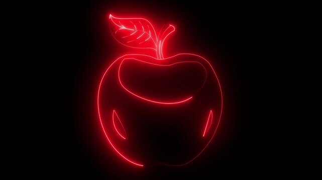 Glowing red  neon line Apple icon isolated on black background. Fruit with leaf symbol. Excess weight. Healthy diet menu. Fitness diet apple. HD Video motion graphic 