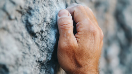 Close-up of a climber's hand gripping a rocky surface, showcasing the texture of the rock and the determination in their grip.