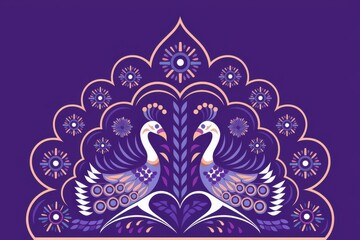 Vibrant Purple Peacock Illustration Floral Patterns - Ideal Cultural Festival Marketing, Wedding Invitations, Celebratory Decor