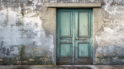 weathered turquoise door stands against textured, peeling wall, showcasing rustic charm and character. faded colors evoke sense of history and timelessness