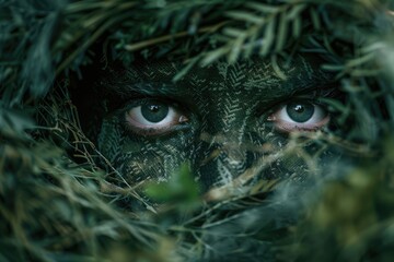 Obraz premium Close-up shot of human eyes surrounded by leaves and stems