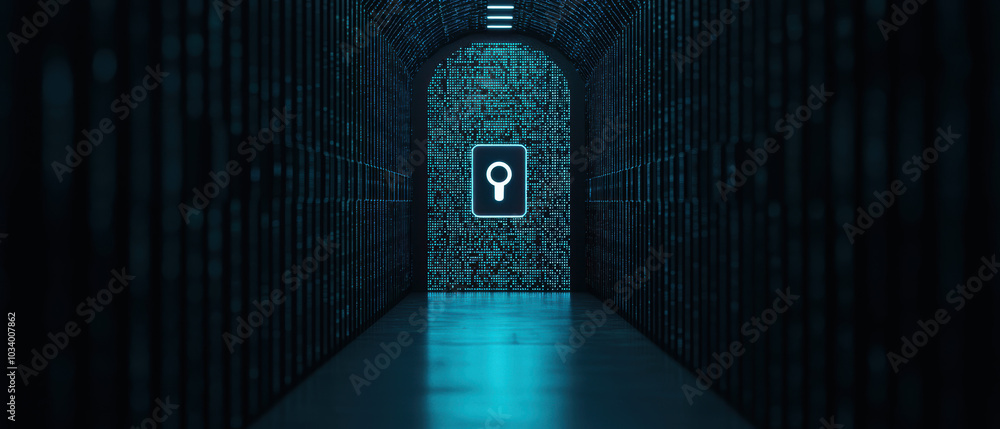 Poster a digital tunnel with a glowing keyhole leading to an unknown space, surrounded by lines of data, ev