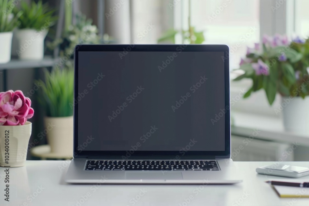 Poster a laptop computer placed on a white desk, ready for use