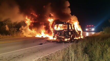 Vehicle on side of road burning with large flames and smoke
