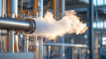 Steam and fire erupting from pipe in factory.