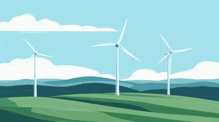 Fototapeta premium A serene landscape featuring wind turbines on rolling hills under a blue sky, symbolizing renewable energy and sustainability.