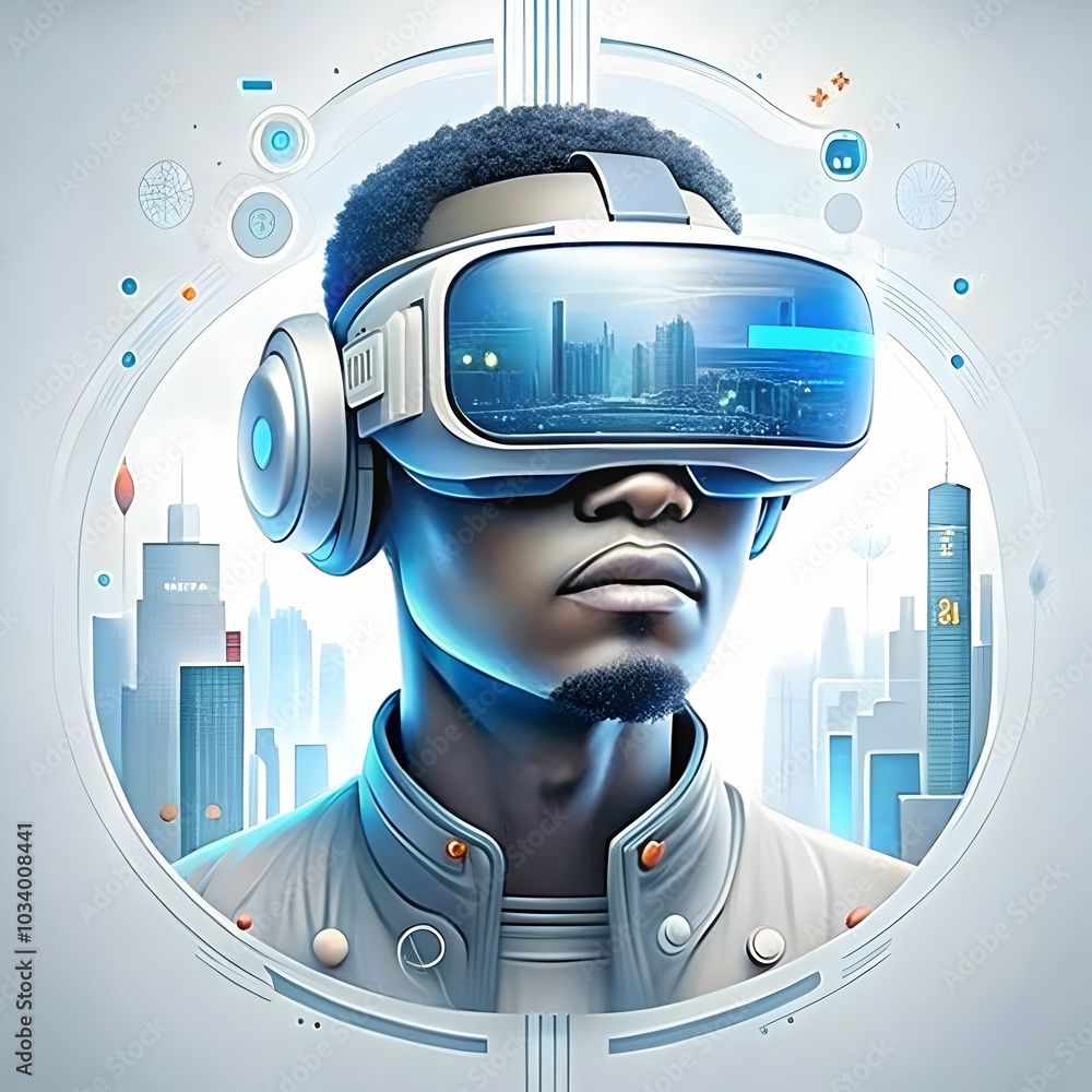Poster multicultural team member in futuristic vr headset: macro close-up with soft abstract digital art ba