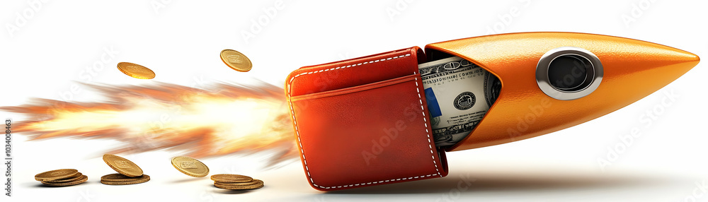 Poster wallet transforming into rocket concept: vector illustration of wallet morphing mid-launch with coin