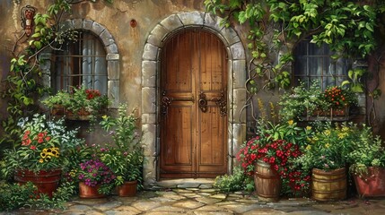 charming rustic door surrounded by vibrant flowers and greenery creates welcoming atmosphere. stone walls and wooden door add to quaint appeal of this picturesque scene