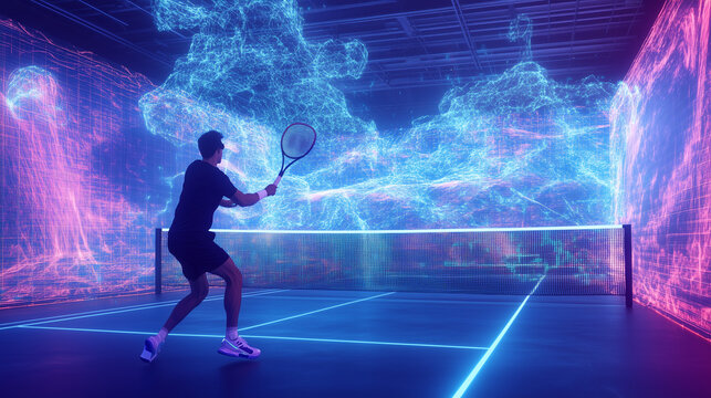 A player engaged in a high-energy virtual tennis match