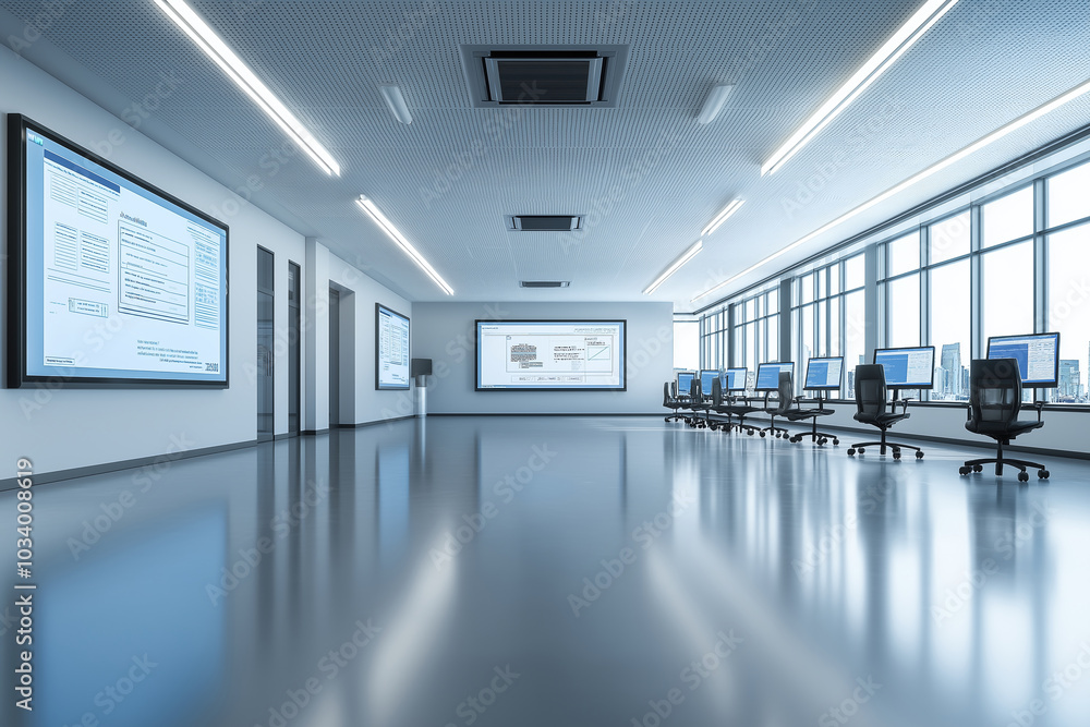 Aufkleber modern office space with sleek design, featuring multiple computer workstations and large digital sc