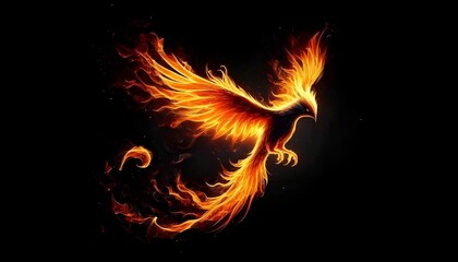 Fototapeta premium painting of a burning phoenix flying with wide open wings on a black background