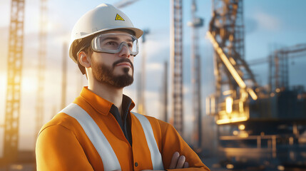 Confident construction engineer wearing safety gear, standing at a bustling worksite with cranes in the background during sunset.