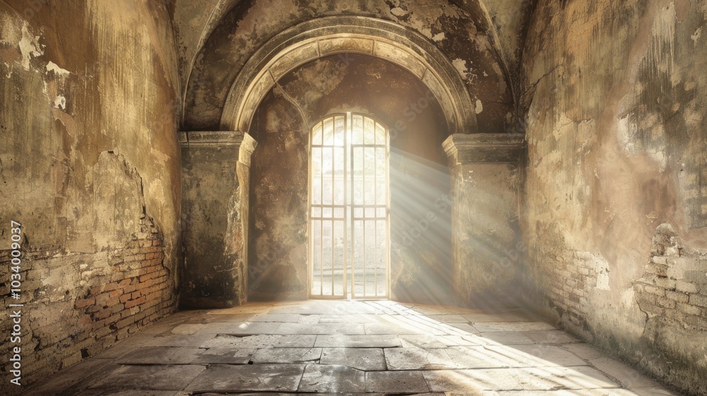 Poster dimly lit, abandoned room with weathered walls and barred window allows soft rays of light to filter