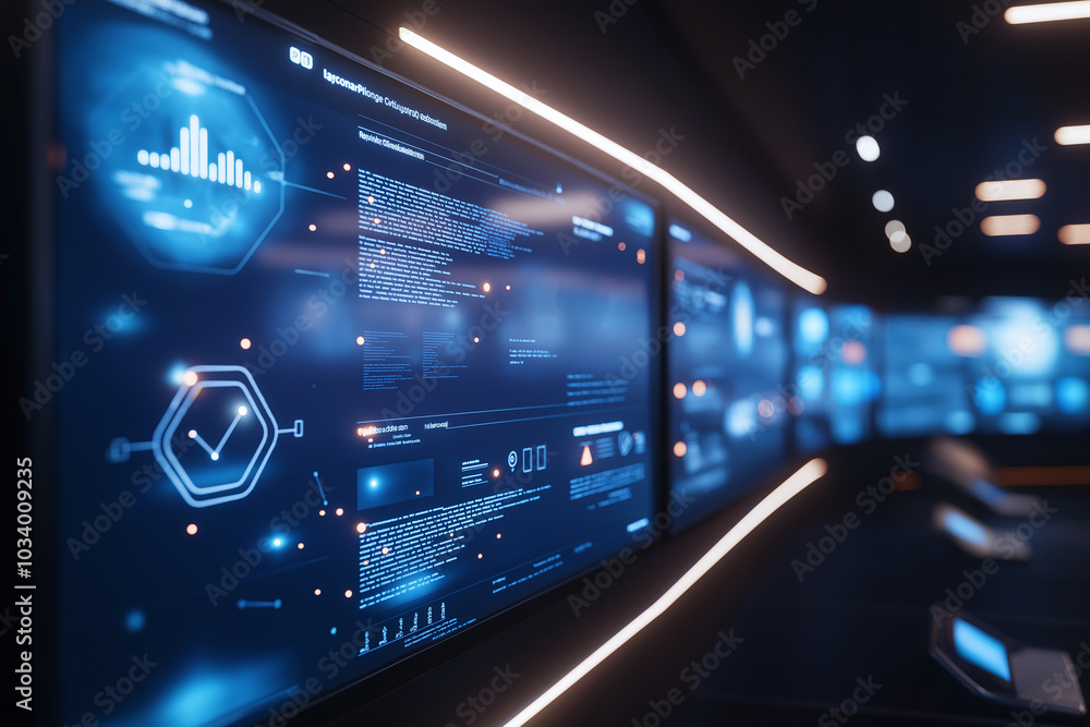 Aufkleber futuristic digital interface with data visualization on multiple screens in a dark tech environment,