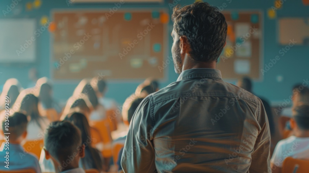 Aufkleber A man stands in front of a classroom filled with students, ready to teach