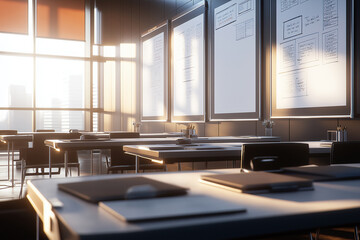 Modern classroom with sunlight streaming through windows, featuring sleek desks and educational posters on the walls.
