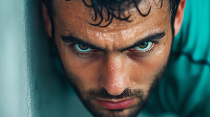 Fototapeta premium Intense portrait of a focused male athlete, showcasing determination. Sweat glistens on his skin, capturing a moment of raw emotion and effort.