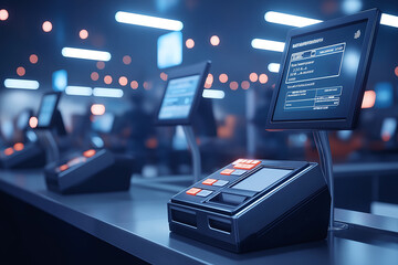 Modern retail checkout counter with touch screen interfaces and digital displays, showcasing advanced payment technology in a store setting.