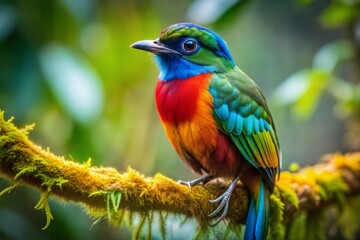 Obraz premium Colorful bird perched on branch in rainforest