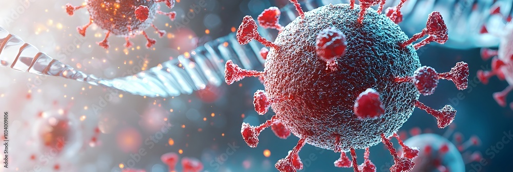 Poster abstract 3d visualization of virus particles illustrating the concept of scientific research and of 