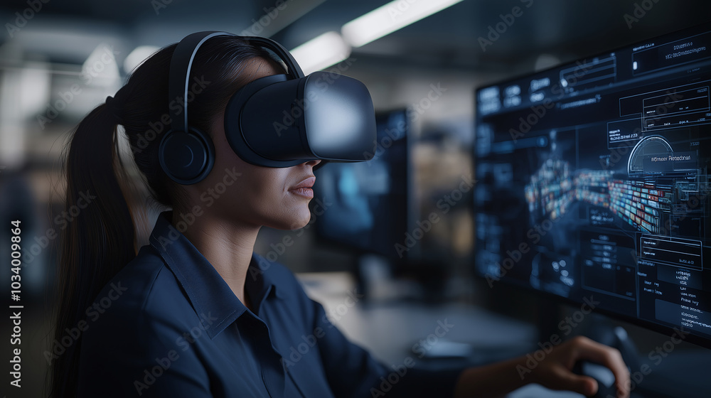 Poster woman in virtual reality headset working on high-tech computer with futuristic interface display, ex