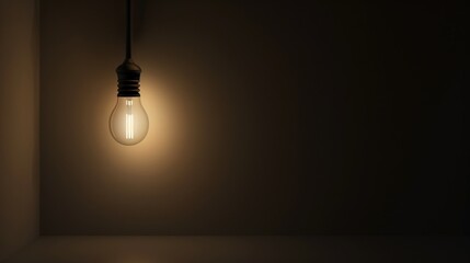 Dark empty room with single flickering light bulb casting long shadows, emphasizing absence of power and eerie atmosphere, minimalist setting with focus on light bulb's glow.
