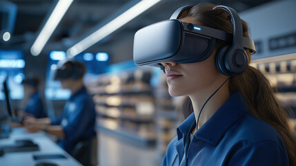 A woman wearing a virtual reality headset in a modern tech environment, showcasing advanced technology and immersive experiences.