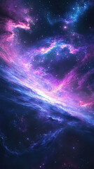 Futuristic space landscape with glowing star clusters, swirling gas clouds, and neon light streaks in the sky, HD image