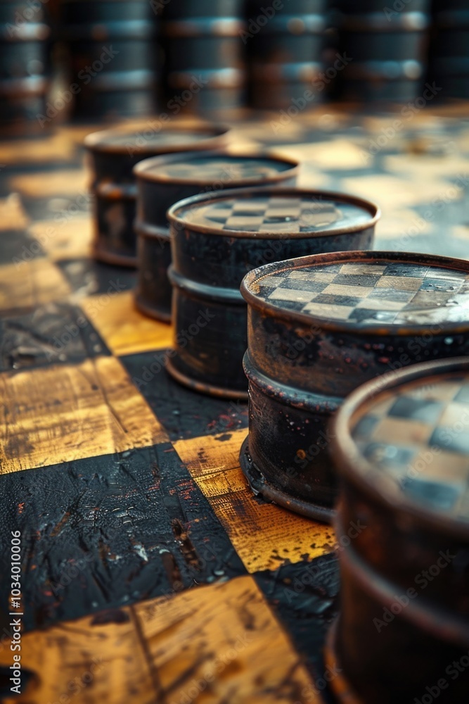 Poster A close-up view of a chess board with barrels placed on it, great for use in strategy and game-related concepts