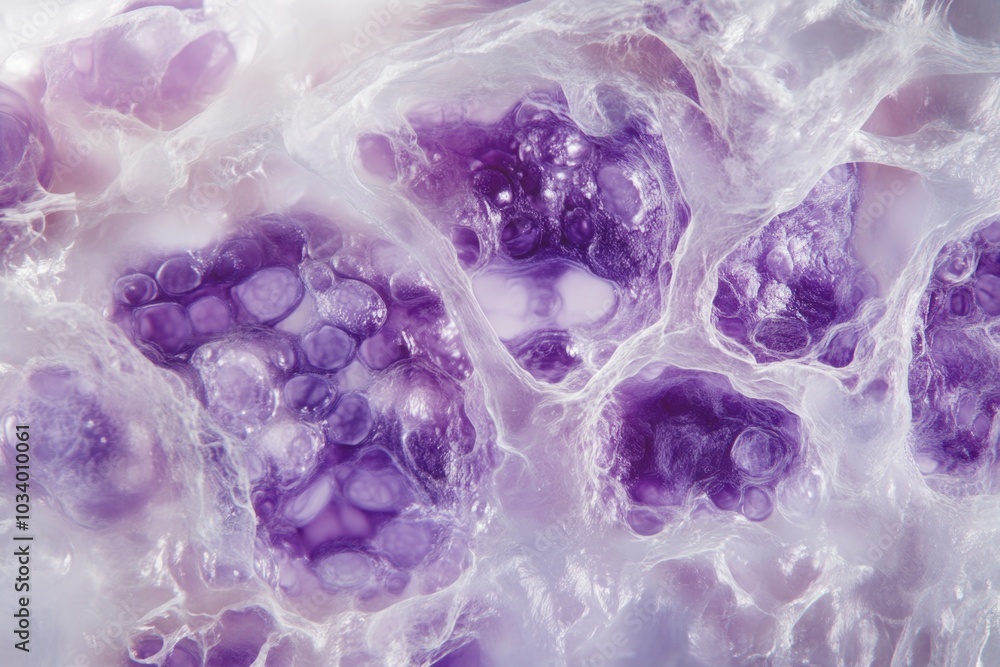 Poster a close-up view of a purple liquid or gel on a white surface, suitable for use in science and techno