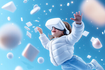 Joyful child exploring virtual reality with VR headset, surrounded by floating geometric shapes against a bright blue background.