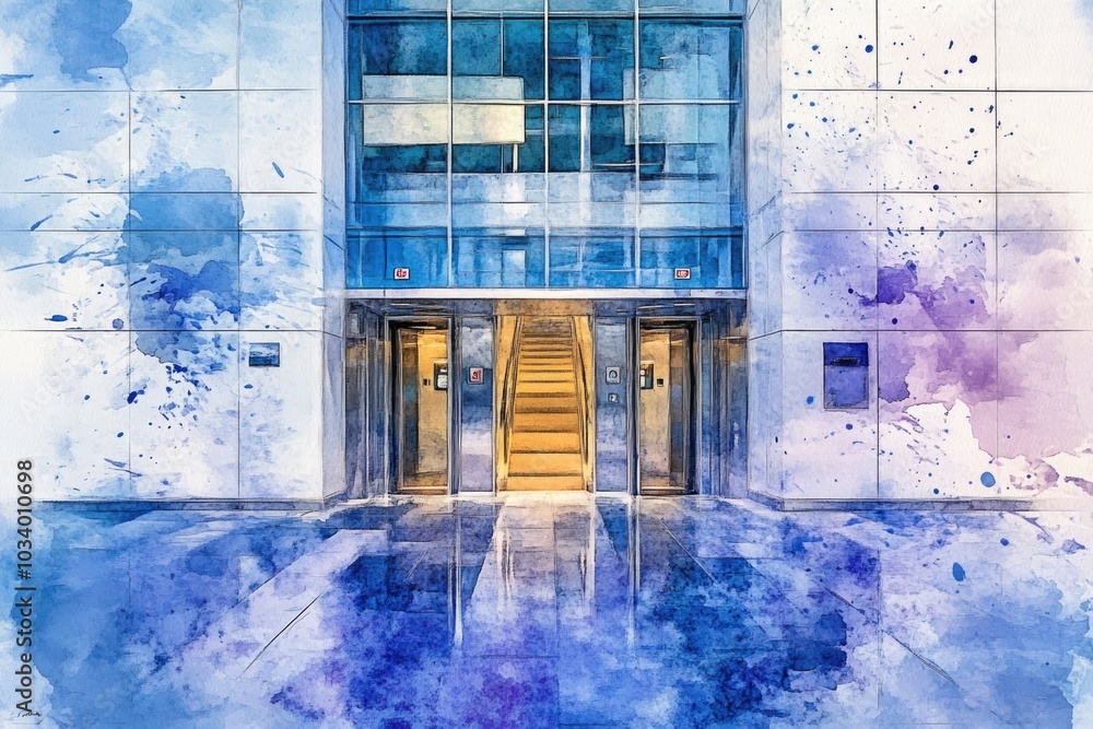 Poster a depiction of a building with two elevators, offering transportation between floors