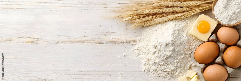 Poster assorted baking ingredients including flour eggs and butter spread out on a rustic wooden table in a