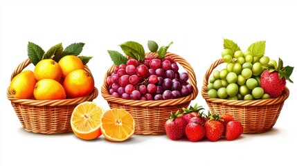 Vibrant assortment of fresh fruits in baskets including oranges, grapes, and strawberries, perfect for healthy recipes or decorations.