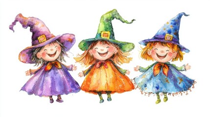 Fototapeta premium Whimsical illustration of three cheerful witches wearing colorful hats and dresses, perfect for Halloween or fantasy themes.
