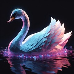 Low poly 3d image of  swan neon theme floating in metaverse black background. generative ai.
