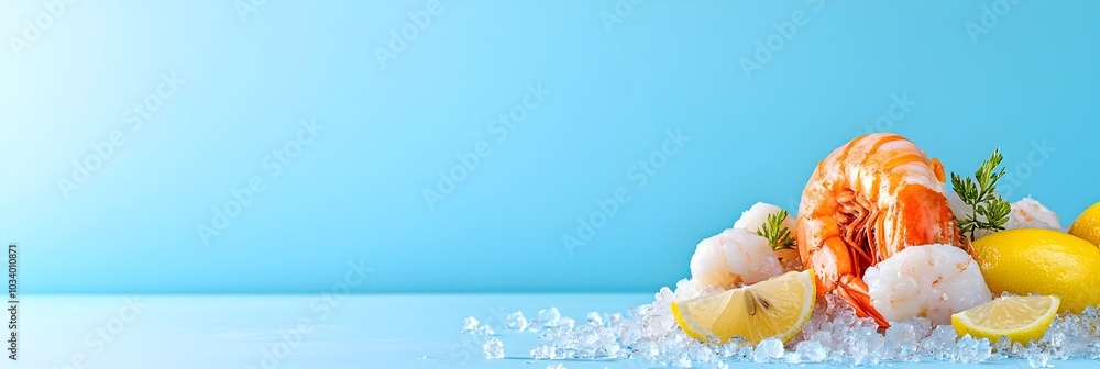 Poster assortment of fresh seafood including shrimp crab scallops and oysters placed on crushed ice with le
