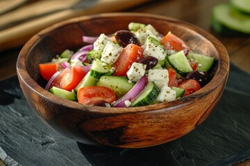  Greek salad with cucumbers, tomatoes, feta, olives, and onions in a wooden bowl.