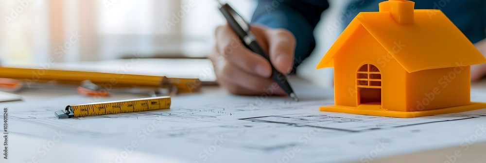 Poster Blueprint sketches and architectural drawings spread out on a desk representing the planning and design process for a home or construction project