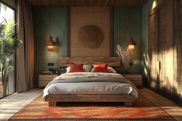 A comfortable bedroom with a big window and a cozy atmosphere