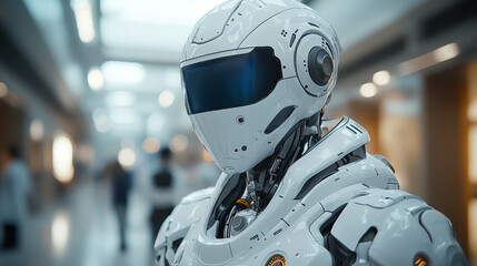 AI medical robot doctor standing in the corridor of the hospital against the background of people