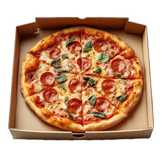 Freshly baked pepperoni pizza in a takeout box