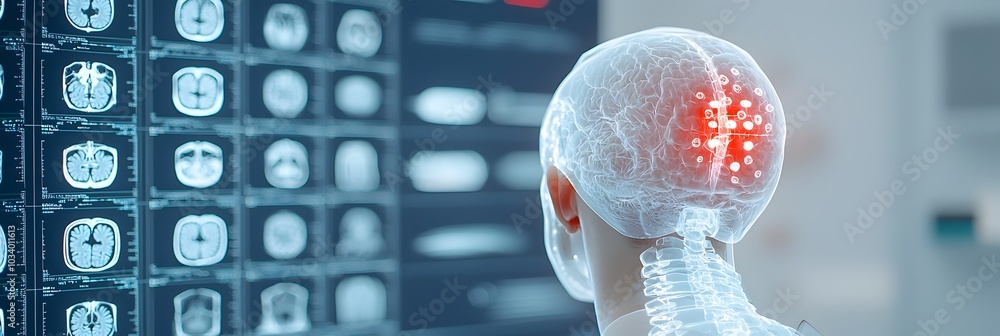 Aufkleber Blurry X ray scans pinned on a transparent lightboard with abstract textures and graphic elements in the background creating a medical or scientific visualization