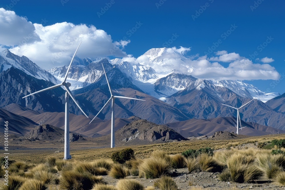 Poster wind turbines generating electricity, set against a backdrop of rolling mountains